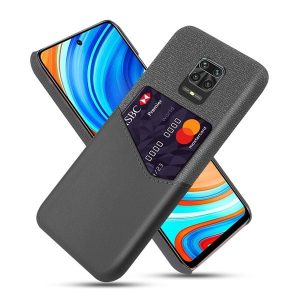 Xiaomi Redmi Note 9S / 9 Pro / 9 Pro Max, Műanyag hátlap védőtok, közepesen ütésálló, textil bevonat, bőrhatású hátlap, kártyatartóval, szürke