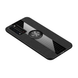   Huawei Honor X10 5G, Műanyag hátlap védőtok, közepesen ütésálló, szilikon belső, telefontartó gyűrű, textil minta, Defender, fekete