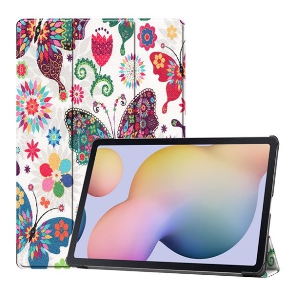 Samsung Galaxy Tab S7 Plus 12.4 / Tab S7 FE 12.4 / Tab S8 Plus 12.4, mappa tok, Trifold, színes nagy pillangó minta, fehér