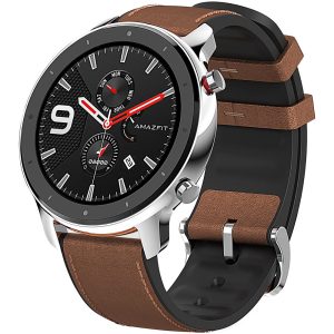Bluetooth okosóra, valódi bőr szíj, rozsdamentes acél keret, v5.0, aktivitás és egészség mérő, vízálló, Amazfit GTR (47mm), ezüst, gyári