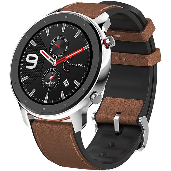 Bluetooth okosóra, valódi bőr szíj, rozsdamentes acél keret, v5.0, aktivitás és egészség mérő, vízálló, Amazfit GTR (47mm), ezüst, gyári