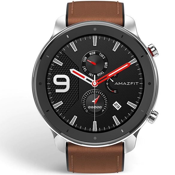 Bluetooth okosóra, valódi bőr szíj, rozsdamentes acél keret, v5.0, aktivitás és egészség mérő, vízálló, Amazfit GTR (47mm), ezüst, gyári