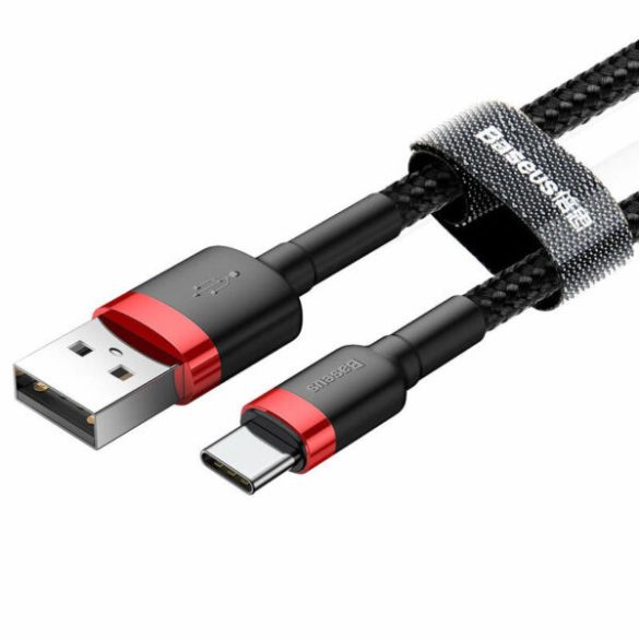 USB töltő- és adatkábel, USB Type-C, 200 cm, 2000 mA, törésgátlóval, gyorstöltés, cipőfűző minta, Baseus Cafule CATKLF-C91, fekete/piros