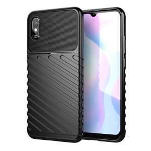 Xiaomi Redmi 9A / 9AT / 9i, Szilikon tok, közepesen ütésálló, domború csíkos minta, fekete