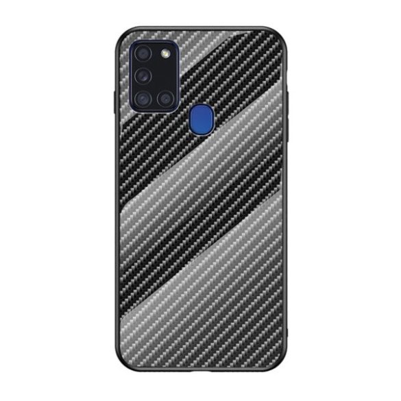 Samsung Galaxy A21s SM-A217F, Szilikon védőkeret, üveg hátlap, karbon minta, fekete
