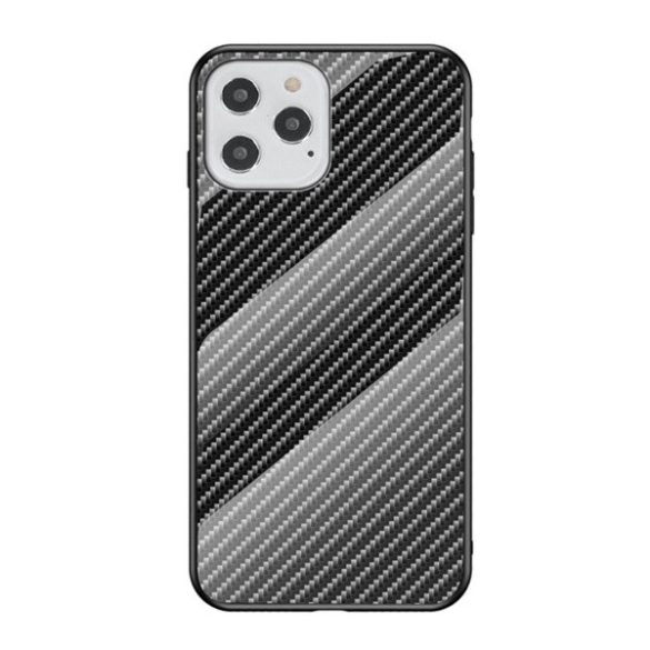 Apple iPhone 12 / 12 Pro, Szilikon védőkeret, üveg hátlap, karbon minta, fekete