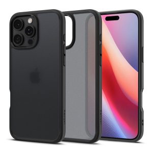 Apple iPhone 16 Pro, Műanyag hátlap védőtok + szilikon keret, Spigen Ultra Hybrid Matte, áttetsző/fekete