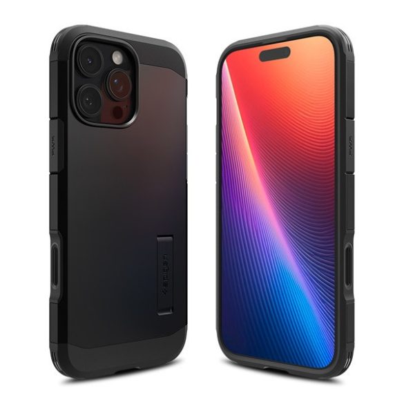 Apple iPhone 16 Pro Max, Szilikon tok + műanyag hátlap, Magsafe töltővel kompatibilis, kitámasztóval, érintő funkciós gombfedéllel, Spigen Tough Armor "T" Mag, fekete