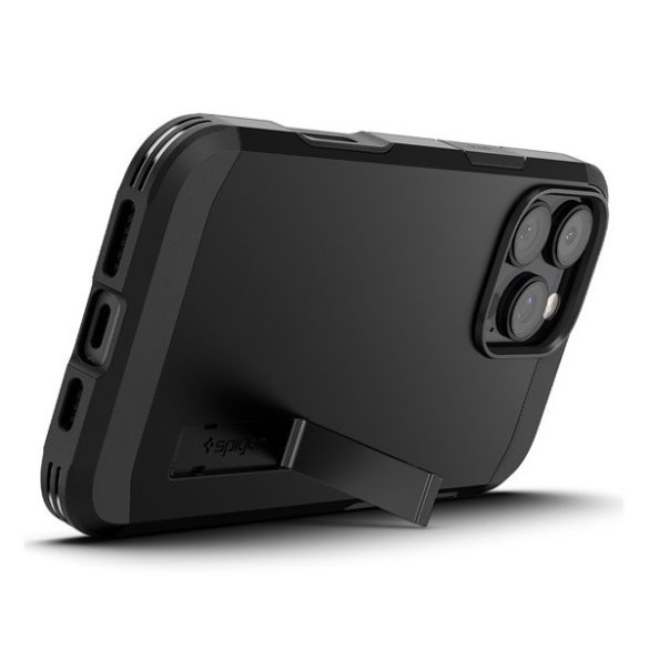 Apple iPhone 16 Pro Max, Szilikon tok + műanyag hátlap, Magsafe töltővel kompatibilis, kitámasztóval, érintő funkciós gombfedéllel, Spigen Tough Armor "T" Mag, fekete