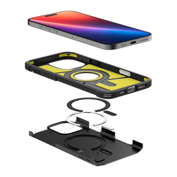 Apple iPhone 16 Pro Max, Szilikon tok + műanyag hátlap, Magsafe töltővel kompatibilis, kitámasztóval, érintő funkciós gombfedéllel, Spigen Tough Armor "T" Mag, fekete