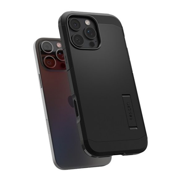 Apple iPhone 16 Pro Max, Szilikon tok + műanyag hátlap, Magsafe töltővel kompatibilis, kitámasztóval, érintő funkciós gombfedéllel, Spigen Tough Armor "T" Mag, fekete
