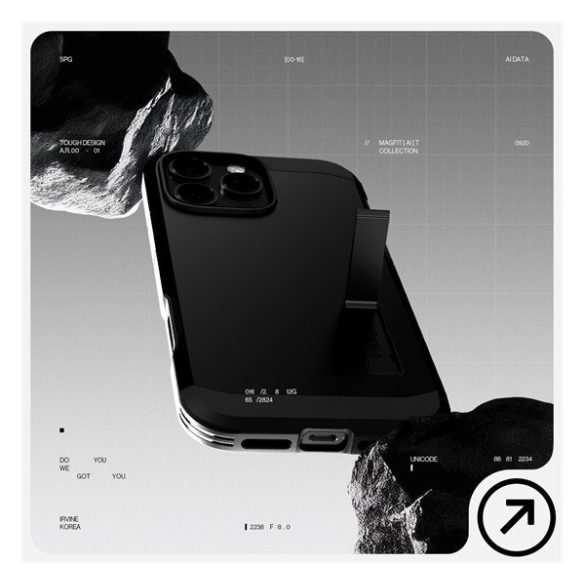 Apple iPhone 16 Pro Max, Szilikon tok + műanyag hátlap, Magsafe töltővel kompatibilis, kitámasztóval, érintő funkciós gombfedéllel, Spigen Tough Armor "T" Mag, fekete