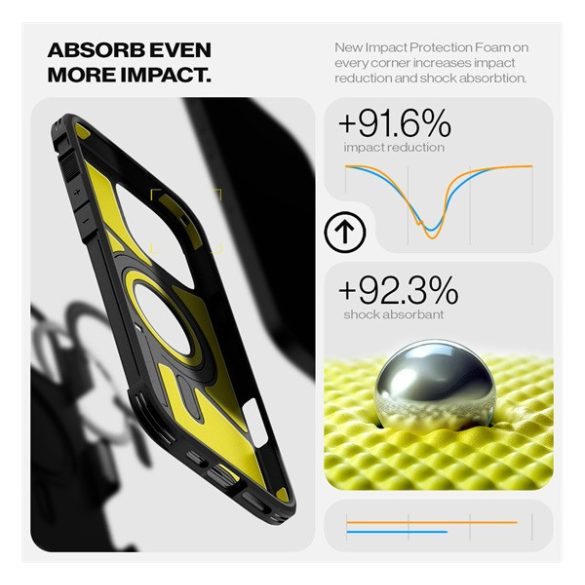 Apple iPhone 16 Pro Max, Szilikon tok + műanyag hátlap, Magsafe töltővel kompatibilis, kitámasztóval, érintő funkciós gombfedéllel, Spigen Tough Armor "T" Mag, fekete