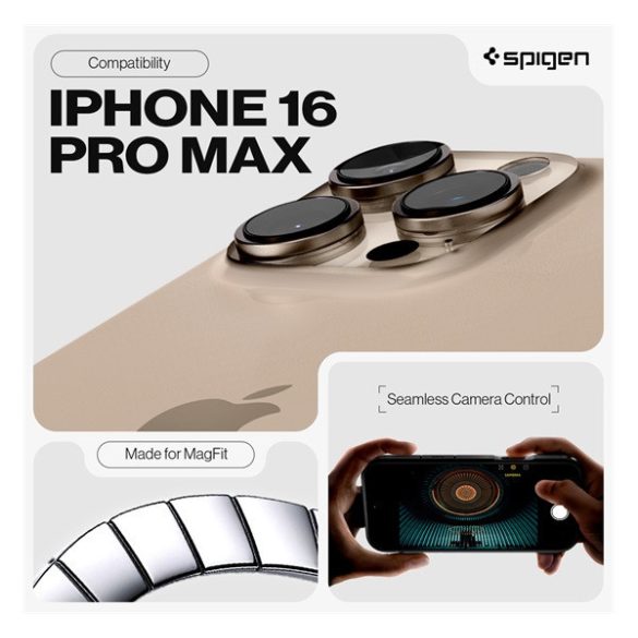 Apple iPhone 16 Pro Max, Szilikon tok + műanyag hátlap, Magsafe töltővel kompatibilis, kitámasztóval, érintő funkciós gombfedéllel, Spigen Tough Armor "T" Mag, fekete