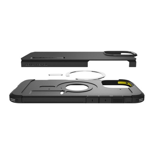 Apple iPhone 16 Pro Max, Szilikon tok + műanyag hátlap, Magsafe töltővel kompatibilis, kitámasztóval, érintő funkciós gombfedéllel, Spigen Tough Armor "T" Mag, fekete