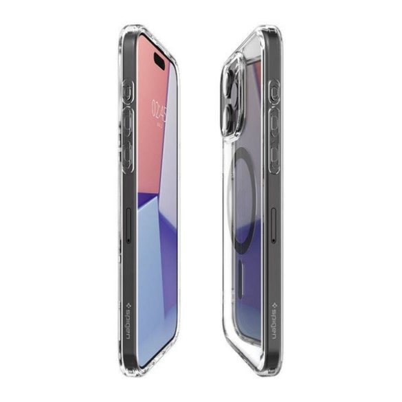 Apple iPhone 16 Pro Max, Műanyag hátlap védőtok + szilikon keret, Magsafe töltővel kompatibilis, Spigen Ultra Hybrid Mag, átlátszó/szürke