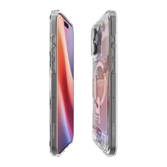 Apple iPhone 16 Pro Max, Műanyag hátlap védőtok + szilikon keret, Magsafe töltővel kompatibilis, iPhone belső minta, Spigen Ultra Hybrid Zero One Mag, átlátszó/bézs