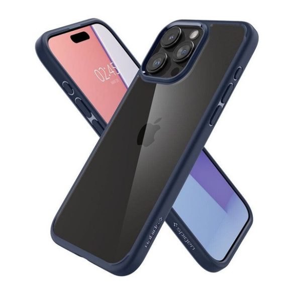 Apple iPhone 16 Pro Max, Műanyag hátlap védőtok + szilikon keret, Spigen Ultra Hybrid, átlátszó/sötétkék