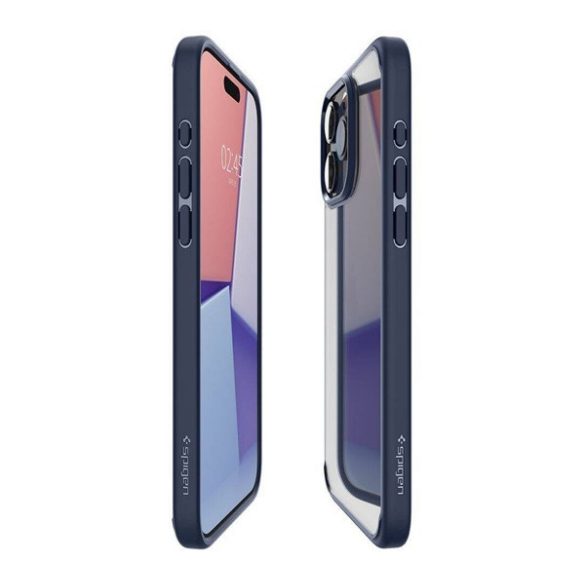 Apple iPhone 16 Pro Max, Műanyag hátlap védőtok + szilikon keret, Spigen Ultra Hybrid, átlátszó/sötétkék