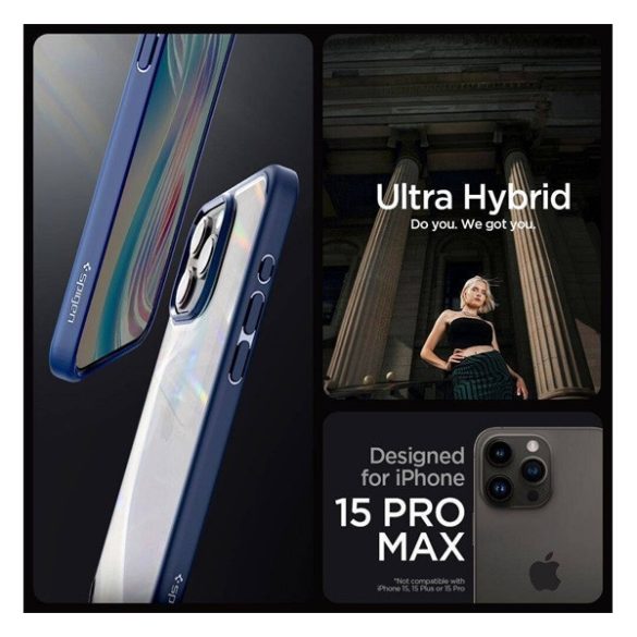 Apple iPhone 16 Pro Max, Műanyag hátlap védőtok + szilikon keret, Spigen Ultra Hybrid, átlátszó/sötétkék