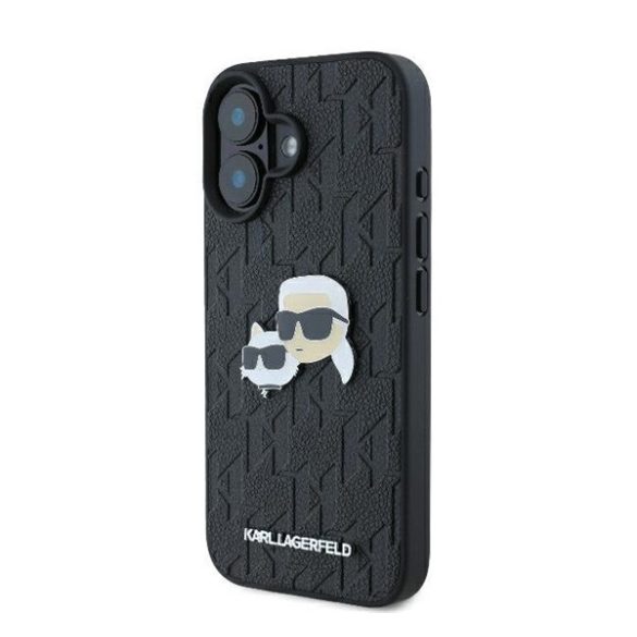 Karl Lagerfeld Monogram Karl&Choupette Head Pin iPhone 16 kemény hátlap tok, fekete