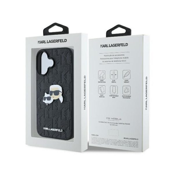 Karl Lagerfeld Monogram Karl&Choupette Head Pin iPhone 16 kemény hátlap tok, fekete