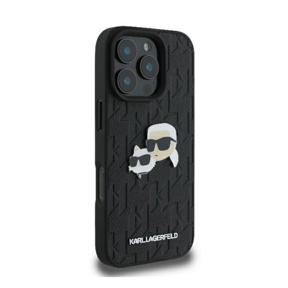 Karl Lagerfeld Monogram Karl&Choupette Head Pin iPhone 16 Pro kemény hátlap tok, fekete