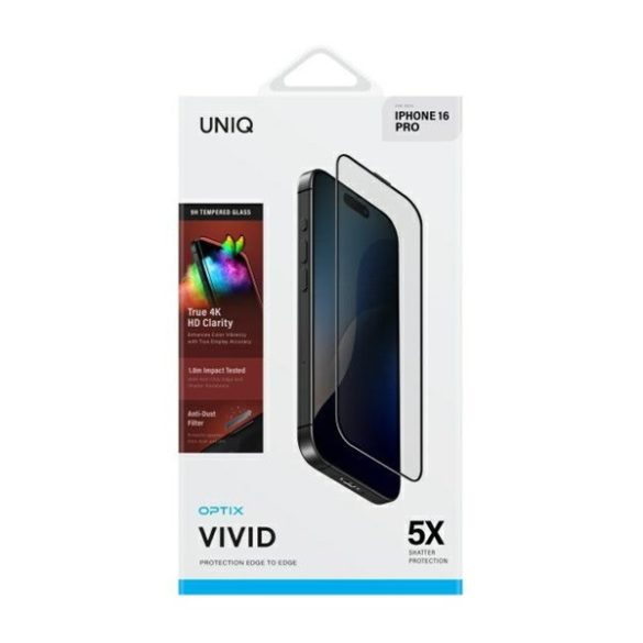 Apple iPhone 16 Pro, Kijelzővédő fólia, ütésálló fólia (az íves részre is!), Tempered Glass (edzett üveg), Uniq Optix Vivid, fekete