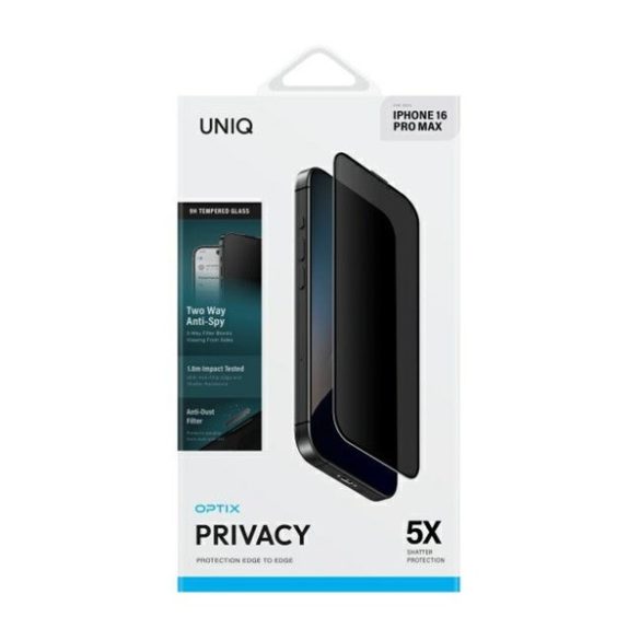 Apple iPhone 16 Pro Max, Kijelzővédő fólia, ütésálló fólia (az íves részre is!), Tempered Glass (edzett üveg), Uniq Optix Privacy, fekete