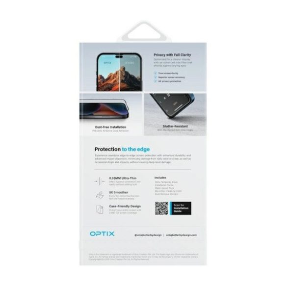 Apple iPhone 16 Pro Max, Kijelzővédő fólia, ütésálló fólia (az íves részre is!), Tempered Glass (edzett üveg), Uniq Optix Privacy, fekete