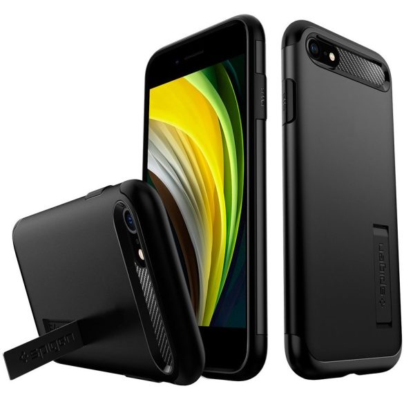 Apple iPhone 7 / 8 / SE (2020) / SE (2022), Szilikon tok, műanyag hátlappal, kitámasztóval, Spigen Slim Armor, fekete