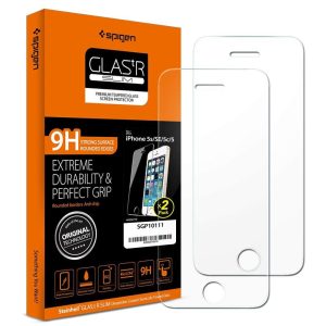 Apple iPhone 5 / 5S / SE, Kijelzővédő fólia, (az íves részre NEM hajlik rá!), Tempered Glass (edzett üveg), Spigen Glastr Slim, Clear, 2 db / csomag