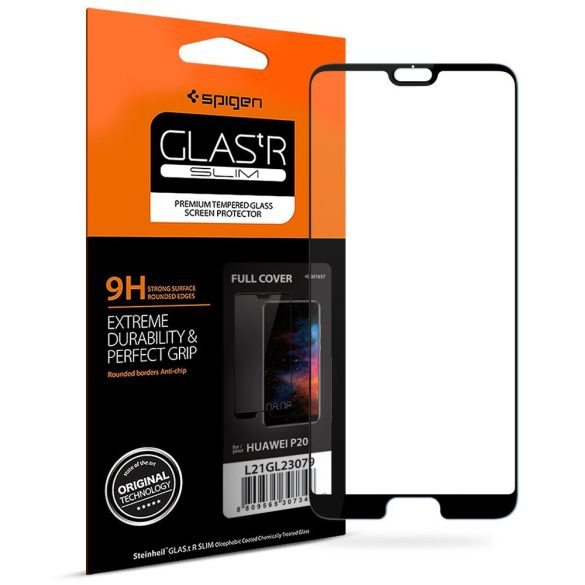 Huawei P20, Kijelzővédő fólia, ütésálló fólia (az íves részre is!), Tempered Glass (edzett üveg), 3D Full Cover, Spigen Glastr Slim Full Cover, fekete