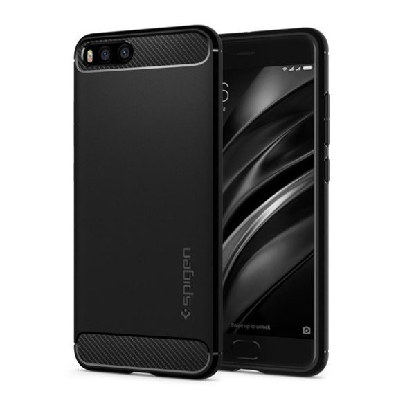 Xiaomi Mi 6, Szilikon tok, Spigen Rugged Armor, karbon minta, fekete