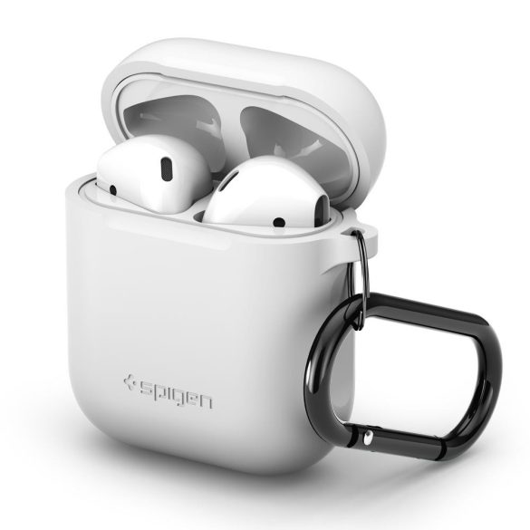 Bluetooth fülhallgató töltőtok tartó, szilikon, vezeték nélküli töltés támogatás, karabiner, Apple AirPods kompatibilis, Spigen Silicone Fit, fehér