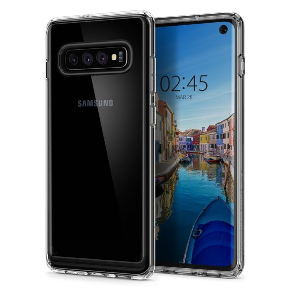 Samsung Galaxy S10 SM-G973, Műanyag hátlap védőtok + szilikon keret, Spigen Ultra Hybrid, átlátszó