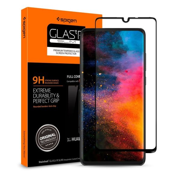 Huawei P30, Kijelzővédő fólia, ütésálló fólia (az íves részre is!), Tempered Glass (edzett üveg), 3D Full Cover, Spigen Glastr Slim Full Cover, fekete