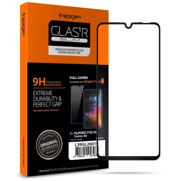 Huawei P30 Lite, Kijelzővédő fólia, ütésálló fólia (az íves részre is!), Tempered Glass (edzett üveg), 3D Full Cover, Spigen Glastr Slim Full Cover, fekete