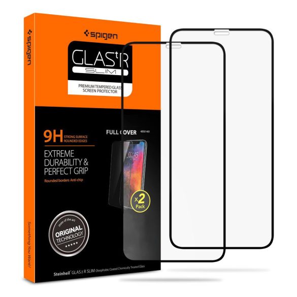 Apple iPhone XR / 11, Kijelzővédő fólia, ütésálló fólia (az íves részre is!), Tempered Glass (edzett üveg), 3D Full Cover, Spigen Glastr Slim Full Cover, fekete, 2 db / csomag