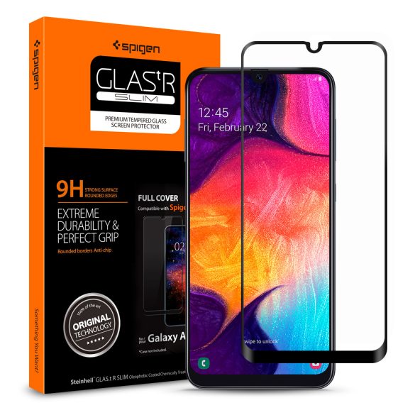 Samsung Galaxy A20 / A30 / A30s / A50 / A50s / M30, Kijelzővédő fólia, ütésálló fólia (az íves részre is!), Tempered Glass (edzett üveg), 3D Full Cover, Spigen Glastr Slim Full Cover, fekete