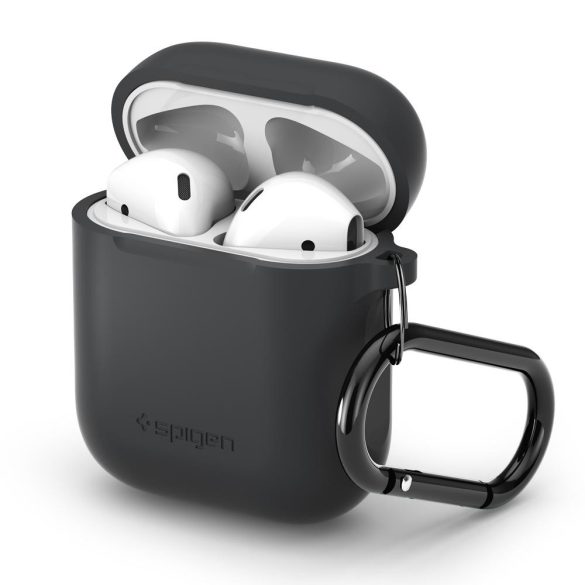 Bluetooth fülhallgató töltőtok tartó, szilikon, vezeték nélküli töltés támogatás, karabiner, Apple AirPods kompatibilis, Spigen Silicone Fit, szürke