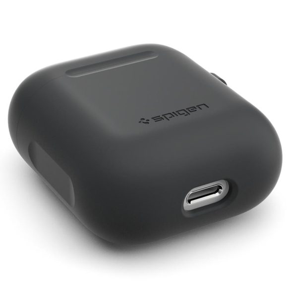 Bluetooth fülhallgató töltőtok tartó, szilikon, vezeték nélküli töltés támogatás, karabiner, Apple AirPods kompatibilis, Spigen Silicone Fit, szürke