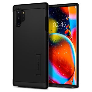 Samsung Galaxy Note 10 Plus / 10 Plus 5G SM-N975 / N976, Szilikon tok, műanyag hátlappal, kitámasztóval, Spigen Slim Armor, fekete