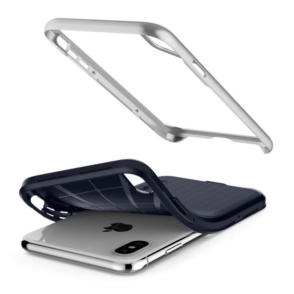 Apple iPhone 11 Pro Max, Szilikon tok, műanyag kerettel, Spigen Neo Hybrid, halszálka minta, ezüst