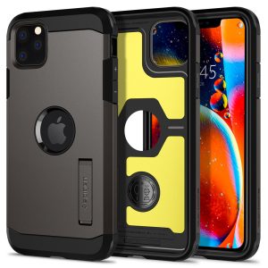 Apple iPhone 11 Pro Max, Szilikon tok + műanyag hátlap, kitámasztóval, Spigen Tough Armor, sötétszürke