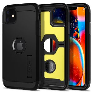 Apple iPhone 11, Szilikon tok + műanyag hátlap, kitámasztóval, Spigen Tough Armor, fekete