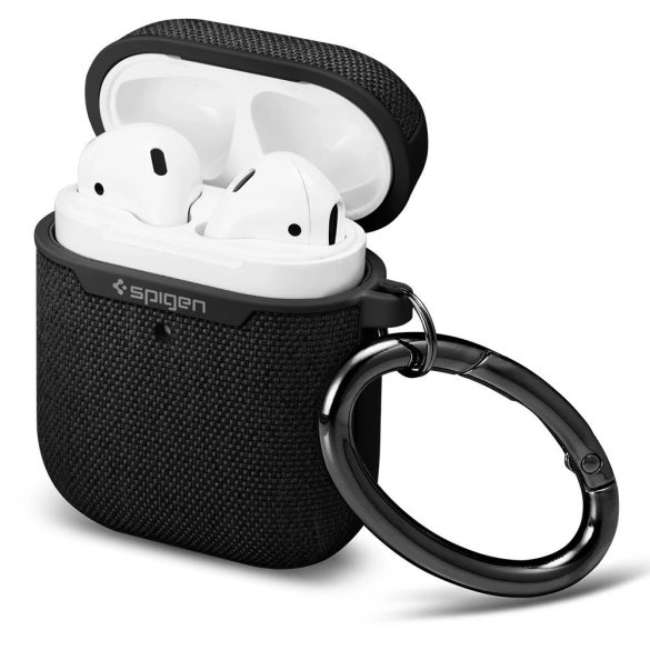 Bluetooth fülhallgató töltőtok tartó, műanyag tok, textil bevonat, vezeték nélküli töltés támogatás, karabiner, Apple AirPods kompatibilis, Spigen Urban Fit, fekete