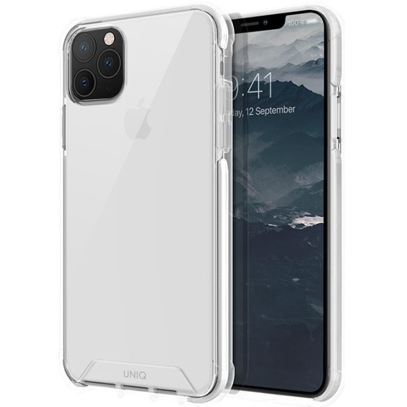 Apple iPhone 11 Pro Max, Szilikon keret + műanyag hátlap, közepesen ütésálló, légpárnás sarok, Uniq Combat, átlátszó/fehér