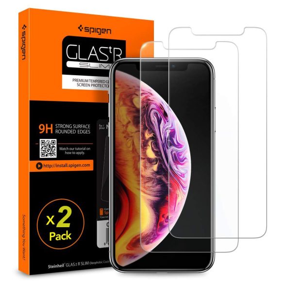 Apple iPhone X / XS / 11 Pro, Kijelzővédő fólia, (az íves részre NEM hajlik rá!), Tempered Glass (edzett üveg), Spigen Glastr Slim, Clear, 2 db / csomag