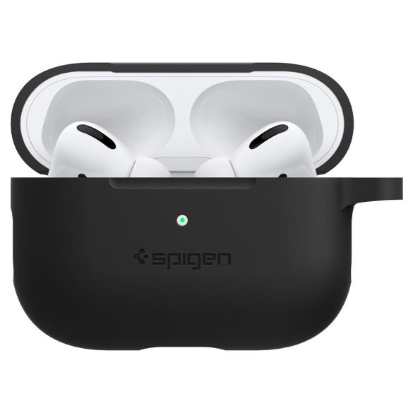 Bluetooth fülhallgató töltőtok tartó, szilikon, vezeték nélküli töltés támogatás, karabiner, Apple AirPods Pro kompatibilis, Spigen Silicone Fit, fekete